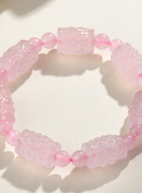 天然水晶清新新中式女士款原创手串饰品定制粉晶回纹桶珠手链