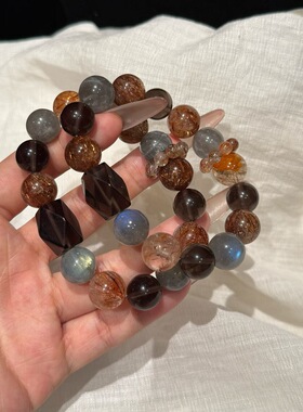 玄月寻踪天然黑金超七水晶手串轻奢事业设计款月光石茶水晶手链