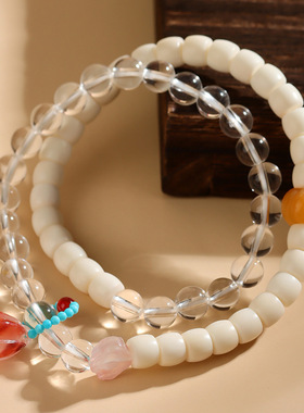 新中式国风女款盘玩手串景区寺院爆款白玉菩提白水晶双圈手链