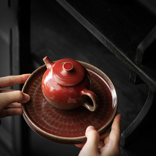 珊瑚红锡盖壶承家用陶瓷干泡茶盘托盘郎红日式储水蓄水茶台