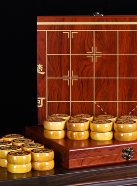 上漆金丝楠中国象棋实木鎏金象棋折叠棋盘家用大小号套装送长辈