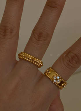 WBW万花筒圆点镶钻戒指四叶草简约质感欧美复古开口可调节指环 女