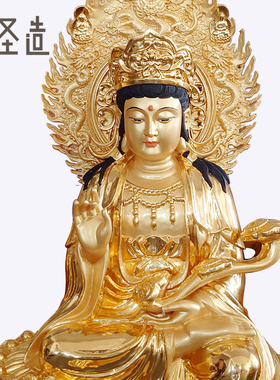 木雕贴金文殊普贤佛像摆件实木雕刻文殊师利像定制订制厂家 圣造
