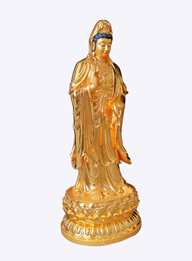 木雕贴金立像观音菩萨佛像摆件实木雕刻站像观世音订制厂家 圣造