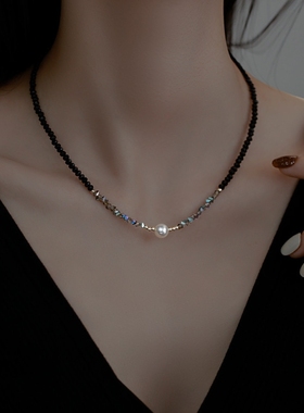黑色锁骨链水晶淡水珍珠项链小众设计感轻奢锁骨链网红爆款颈链女
