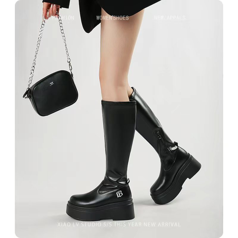 35-43大码胖mm靴子女粗腿大筒围高跟高筒大筒围骑士靴厚底长筒靴 - 图2