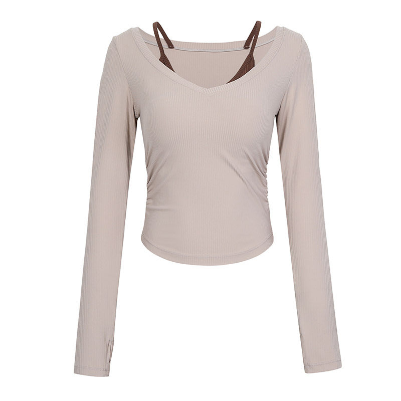 annerun紧身瑜伽T恤女上衣女带胸垫假两件跑步运动长袖缩褶健身服,淘宝优惠券,粉丝福利购,淘宝优惠卷