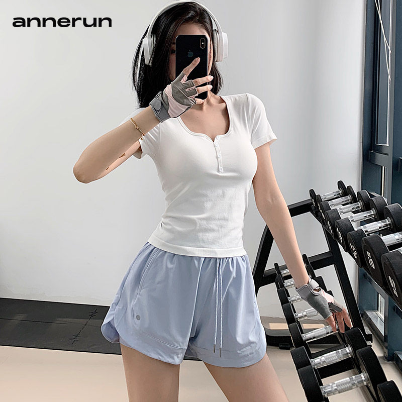 annerun复古运动短袖女正肩健身速干T恤带胸垫辣妹修身瑜伽服上衣,淘宝优惠券,粉丝福利购,淘宝优惠卷