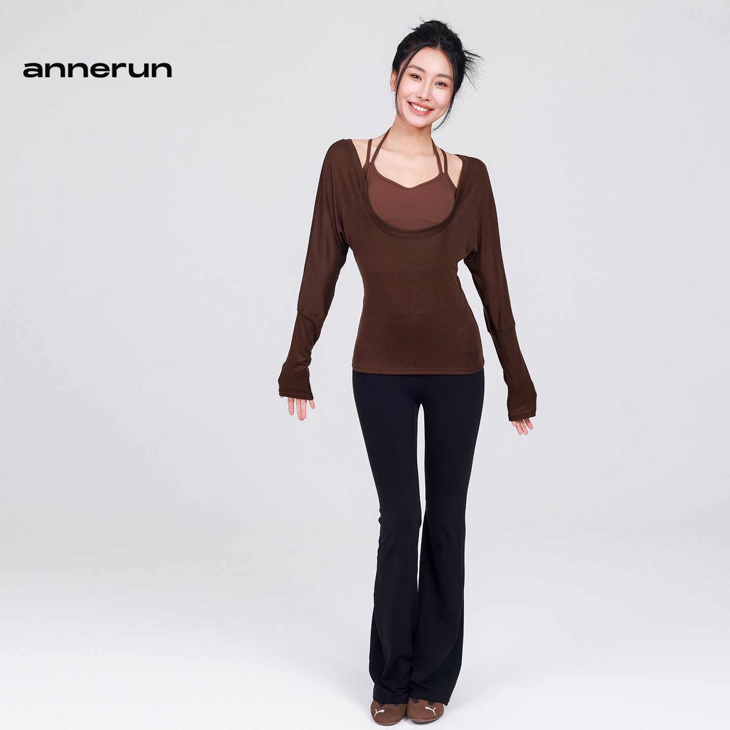 annerun圆领修身蝙蝠衫女瑜伽服长袖普拉提跑步运动上衣显腰健身T,淘宝优惠券,粉丝福利购,淘宝优惠卷