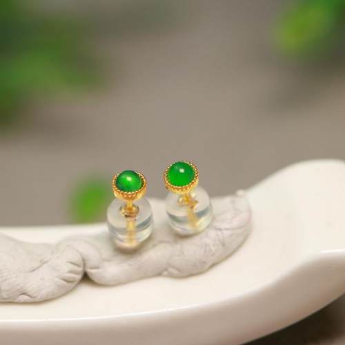 特价#8525 一对18K金镶嵌老坑冰种满绿天然A货翡翠圆形蛋面耳钉 - 图0