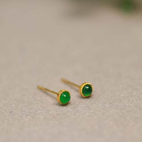 特价#8525 一对18K金镶嵌老坑冰种满绿天然A货翡翠圆形蛋面耳钉 - 图2