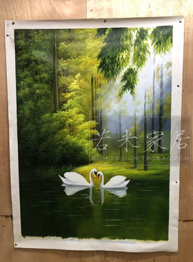 纯手绘油画壁炉画服装店风景天鹅