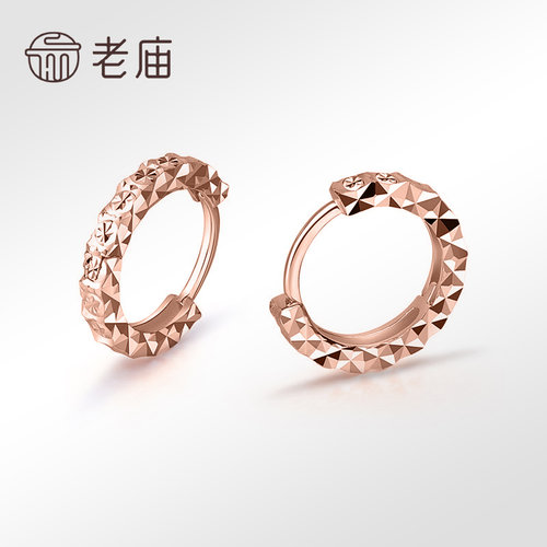 老庙黄金彩金18K金批花耳圈玫瑰金耳环耳扣送礼正品情侣 - 图3