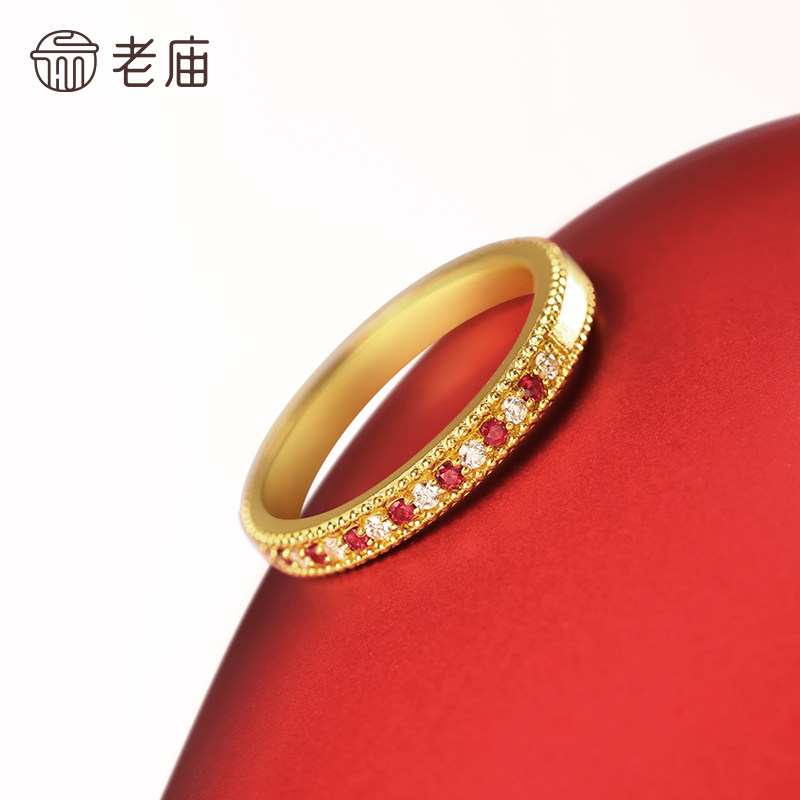 Old temple gold pure gold dotted diamond simple ring ancient method brilliance and joyful sparkle bright ruby nobility