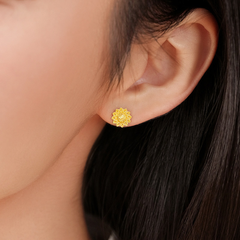 老庙黄金足金向日葵耳钉5G精致时尚心有阳光向阳而开闪耀气质,淘宝优惠券,粉丝福利购,淘宝优惠卷