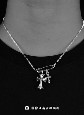 中古925银别针大小双镶钻十字架项链925银饰饰品