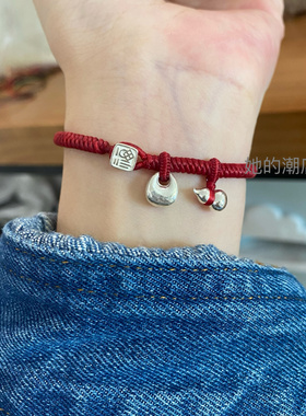 福禄手绳足银银坨坨手工编制泰蜡金刚结本命年红绳银葫芦手链女