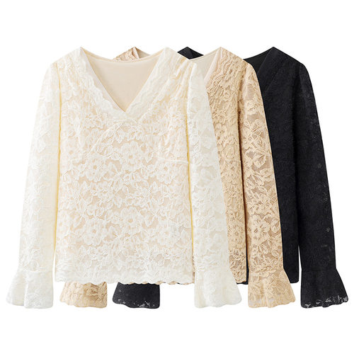 2025新款拼接网纱V领蕾丝打底衫女秋冬新款独特别致修身显瘦内搭 - 图3