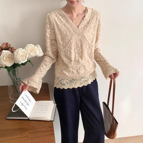 2025新款拼接网纱V领蕾丝打底衫女秋冬新款独特别致修身显瘦内搭 - 图0
