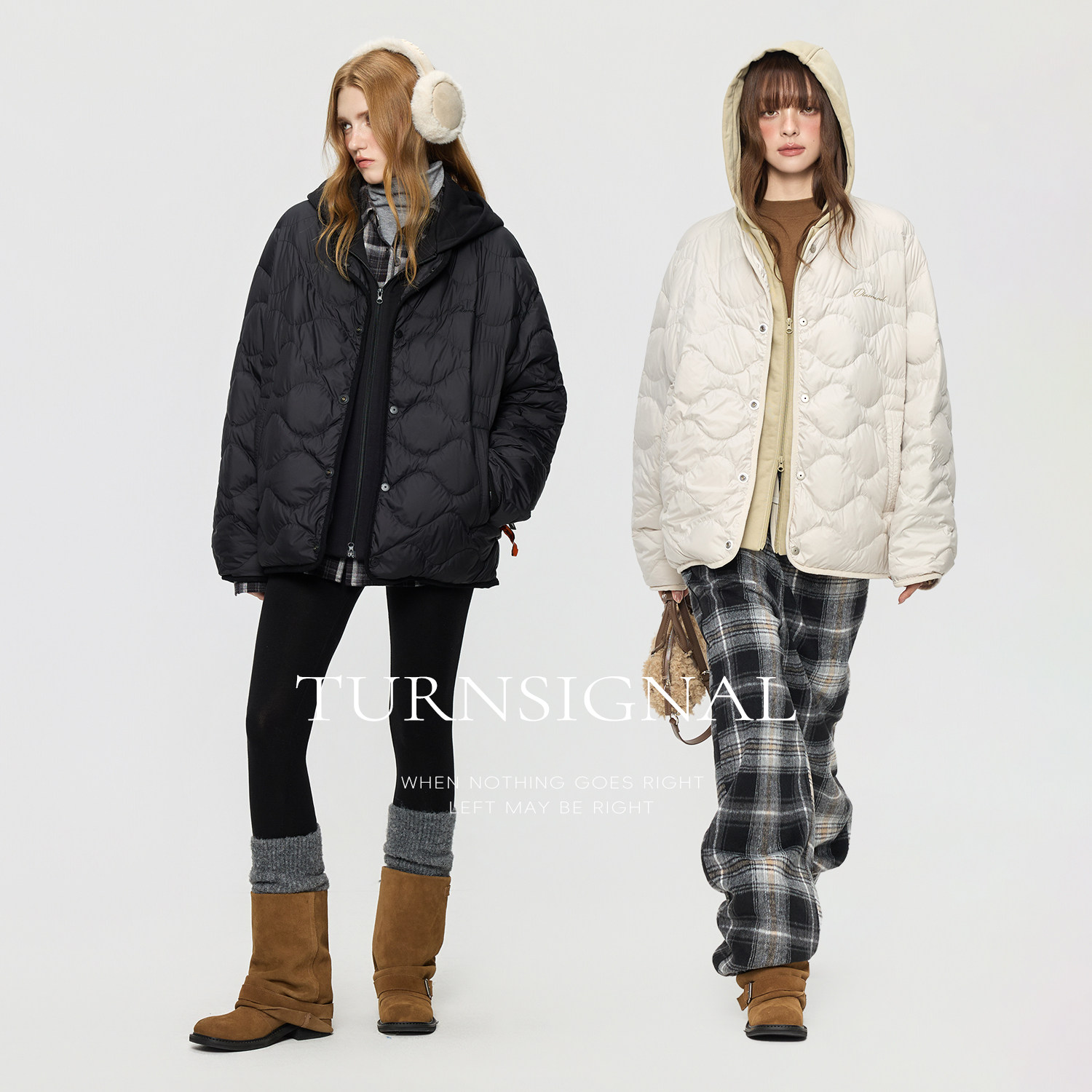 TurnSignal假两件轻薄羽绒服女冬季2025新款连帽宽松保暖羽绒外套
