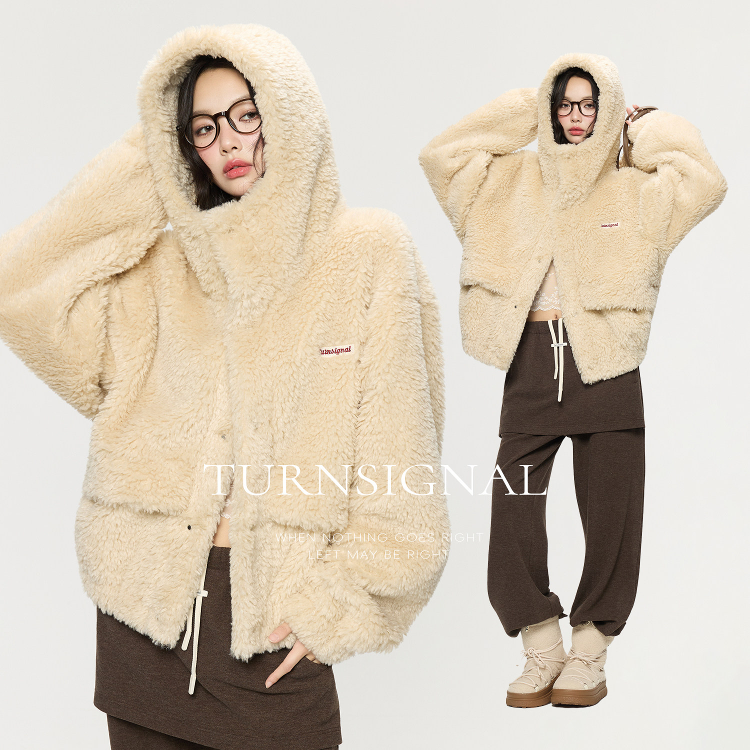 TurnSignal短款仿羊羔毛外套女连帽秋冬2025新款休闲宽松绒外套,淘宝优惠券,粉丝福利购,淘宝优惠卷