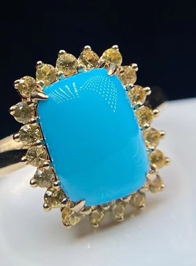 高瓷蓝原矿绿松石镶嵌18k黄金钻石女戒