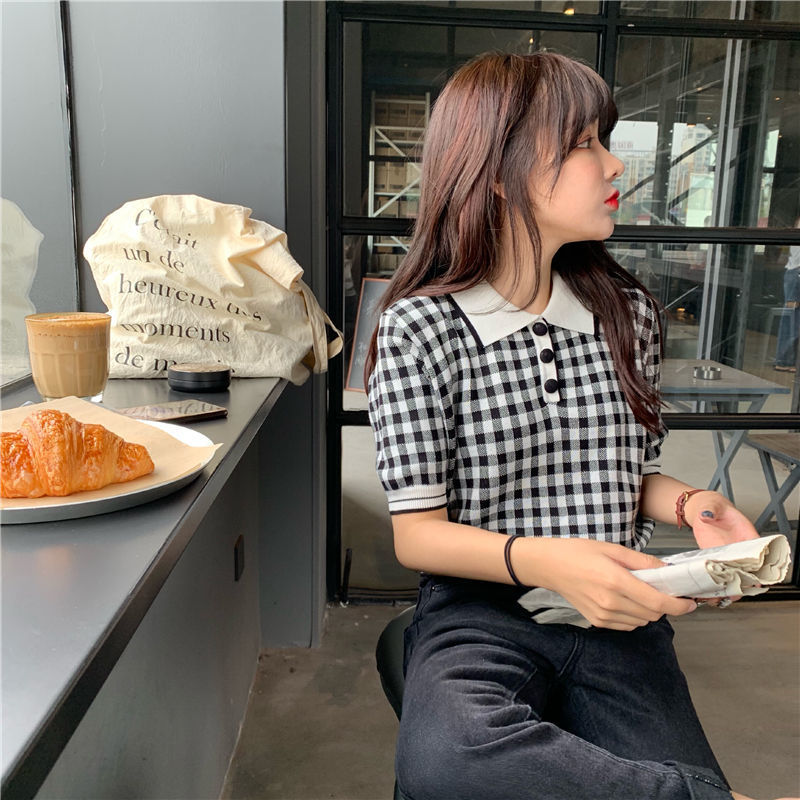 2024新款泫雅风短袖t恤女夏季韩版宽松洋气格子翻领Polo衫上衣服_小依家实拍女装店_女装/女士精品-第5张图片-提都小院