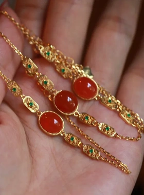 天然川料樱桃红南红宝石简约轻奢手链s925银镀金镶嵌小精致百搭女