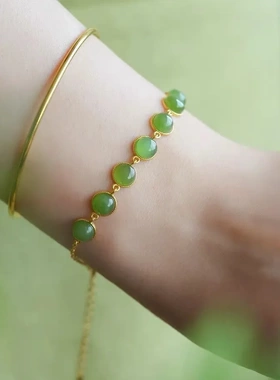 S925银镀金镶嵌碧玉豆豆手链 DIY原创设计精致经典简约款手链