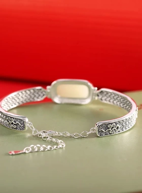 人品银品s925银镶和田青玉手镯做旧女士编织纹手饰时尚复古手链