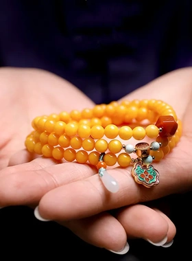鸡油黄老蜜手链6mm三圈南红配饰男女玉石多圈蜜蜡琥珀手串饰品