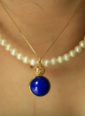 天然原矿蓝色青金石葫芦吊坠s925银镀金镶嵌复古高级轻奢不掉色