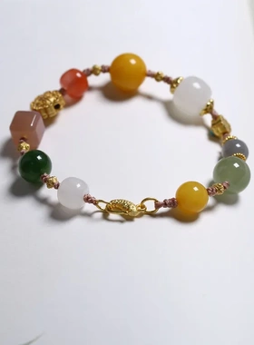 多宝手链 搭配和田玉蜜蜡南红碧玉饰品DIY女款手编简约小清新饰品