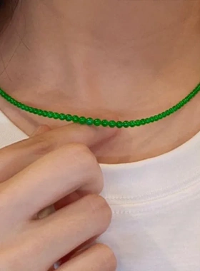 天然俄罗斯和田碧玉4mm小米珠项链锁骨链正阳绿菠菜绿显白小清新