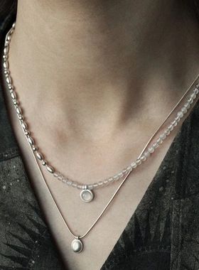 董洁同款925纯银串珠拼接项链 小众高级感简约灰玛古铜石锁骨链