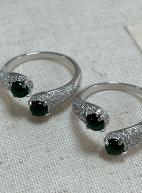 新中式蛇年绿水翡翠绿玉髓开口戒指女时尚镶钻国风高级感开口指环