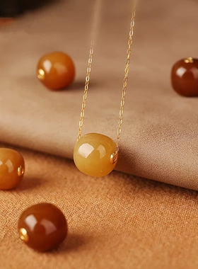 18K金镶新疆和田玉且末糖料9*10mm路路通吊坠老型单珠配饰锁骨链