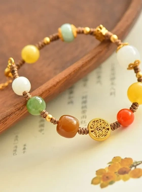 女式多宝手链dyi蜜蜡白玉南红碧玉翡翠多宝手链古法银饰复古手链