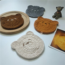 Hand Woven Small Bear Cup Mat Wool Cord Crochet Cartoon Heat Insulation Mat Anti-Burn Finished Bowl Mat Fabric Nordic