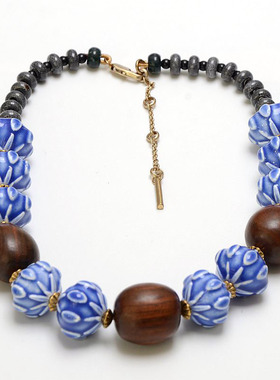 欧美KC蓝色瓷珠木珠夸张项链