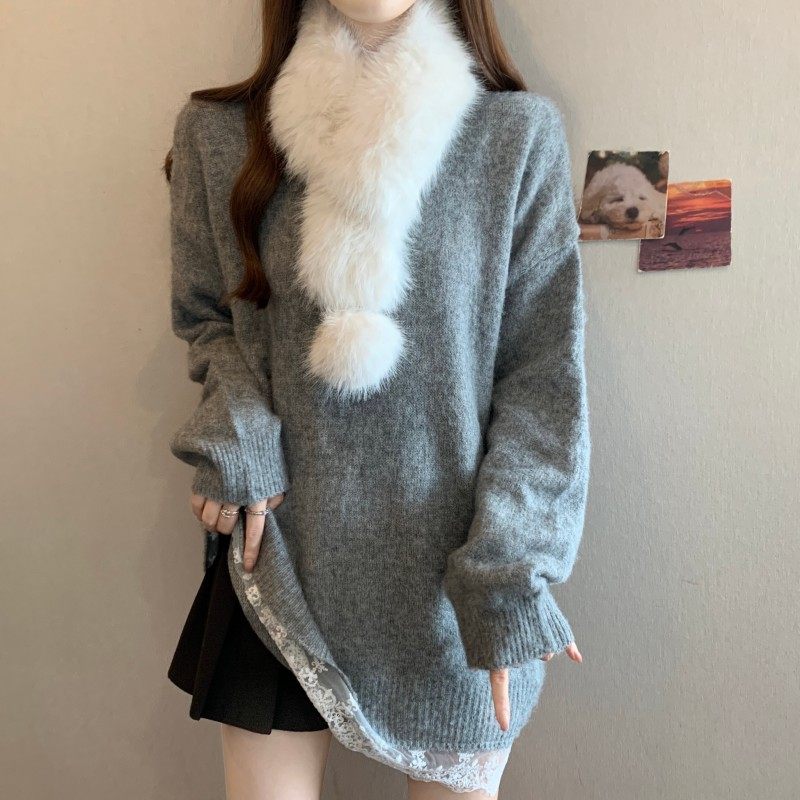 大码女装2025秋冬新款胖MM圆领拼接蕾丝下摆法式毛领长袖套头毛衣,淘宝优惠券,粉丝福利购,淘宝优惠卷