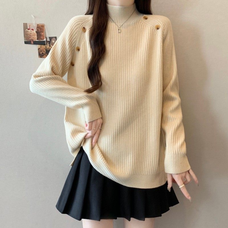 大码女装2025秋冬新款时尚百搭中领一排扣插肩袖套头长袖上衣毛衣,淘宝优惠券,粉丝福利购,淘宝优惠卷