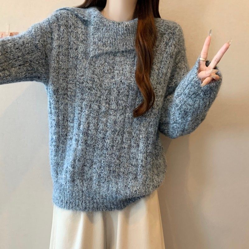 大码女装2025秋冬新款法式开衩翻领加厚长袖落肩袖上衣套头毛衣潮,淘宝优惠券,粉丝福利购,淘宝优惠卷