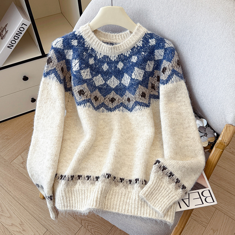 时尚设计感拼色圆领加厚针织衫女2025年秋冬新款长袖提花毛衣上衣 - 图2