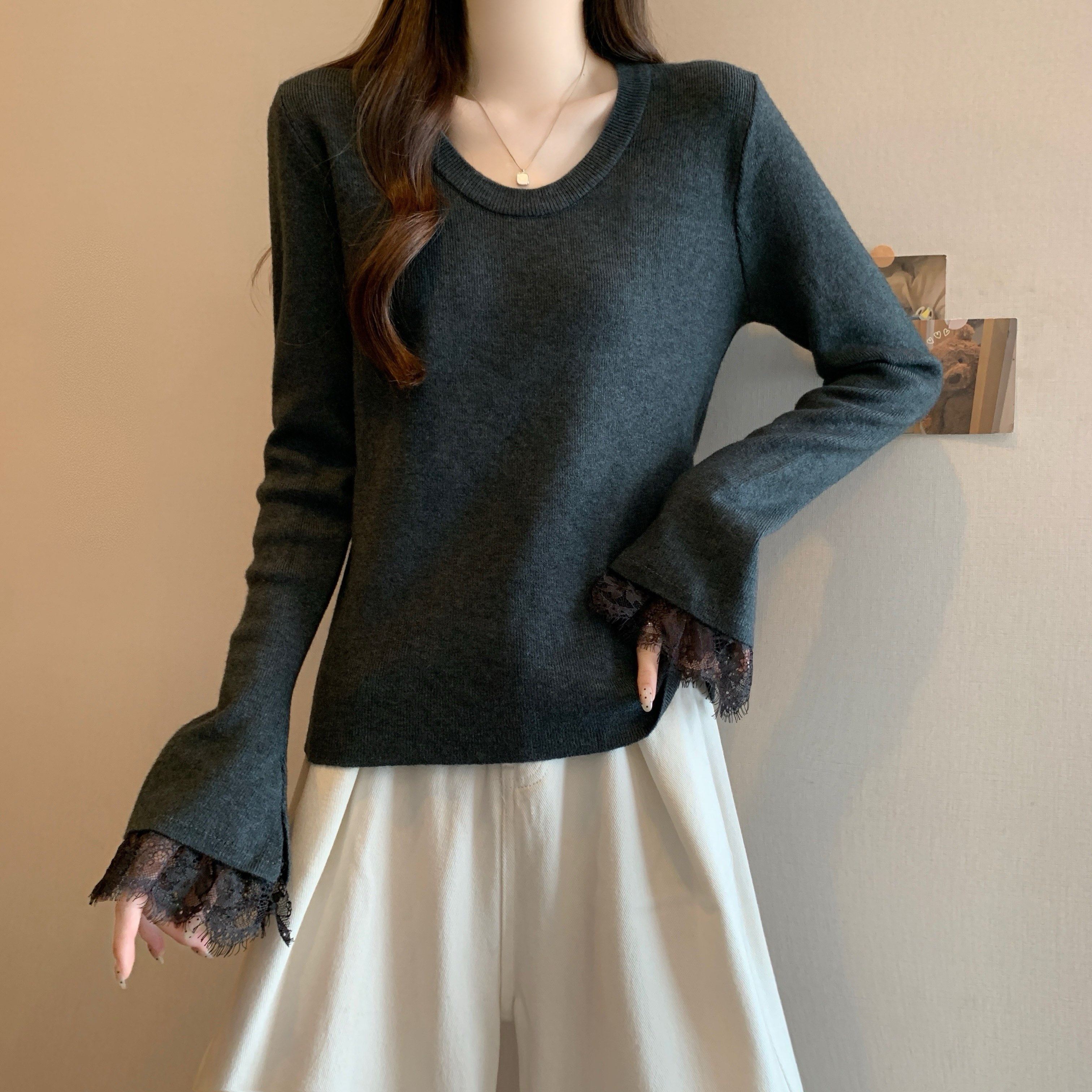 大码女装秋冬U领针织衫毛衣正肩长袖T恤女胖MM蕾丝袖内搭打底上衣,淘宝优惠券,粉丝福利购,淘宝优惠卷
