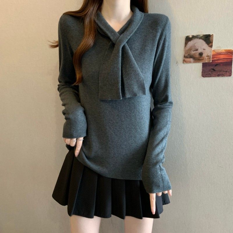 大码女装2025秋冬新款法式交叉领结正肩长袖套头打底上衣针织衫潮,淘宝优惠券,粉丝福利购,淘宝优惠卷