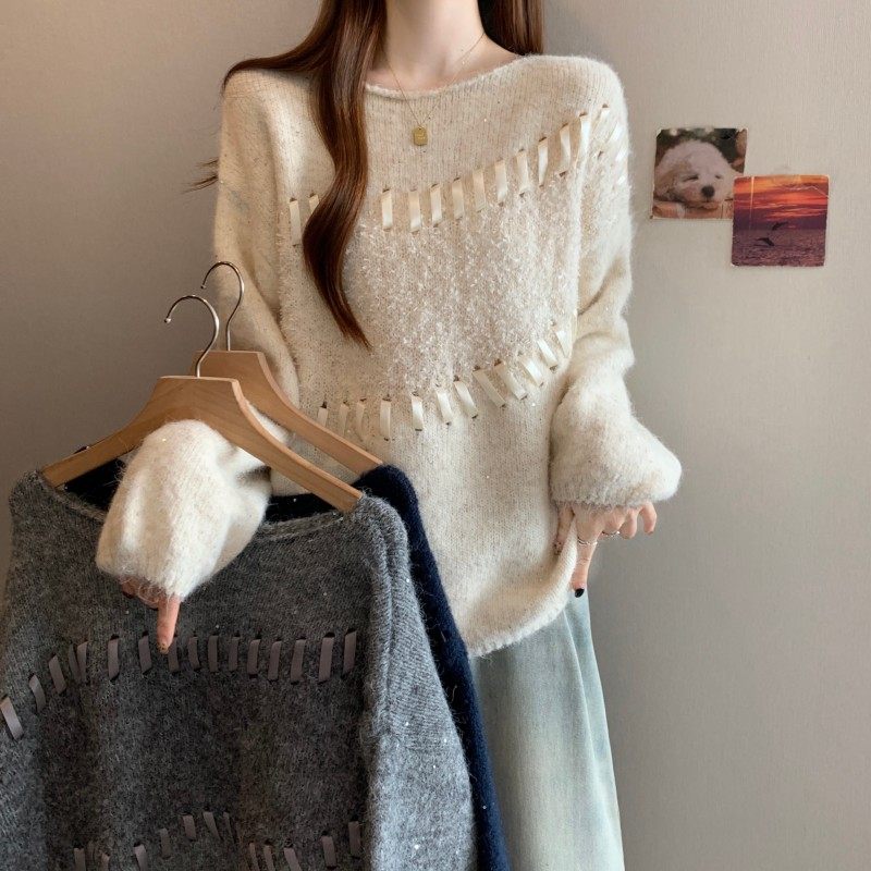 大码女装2025秋冬新款胖MM圆领设计感穿绳落肩袖套头长袖上衣毛衣,淘宝优惠券,粉丝福利购,淘宝优惠卷