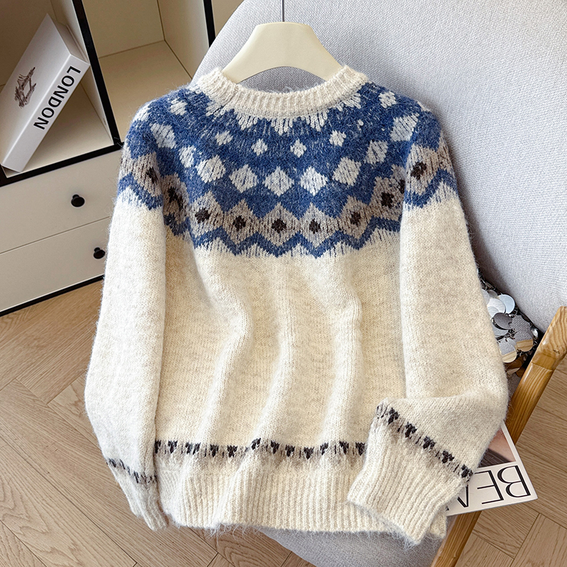 时尚设计感拼色圆领加厚针织衫女2025年秋冬新款长袖提花毛衣上衣 - 图3