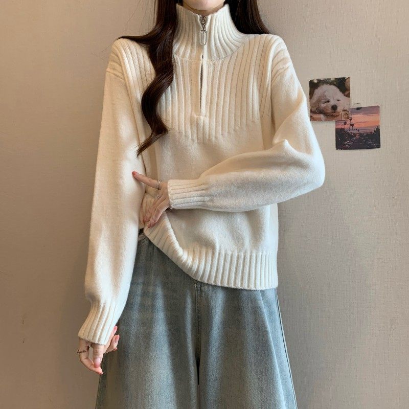 大码女装2025秋冬新款胖MM时尚长袖套头拉链翻领针织长袖上衣毛衣,淘宝优惠券,粉丝福利购,淘宝优惠卷