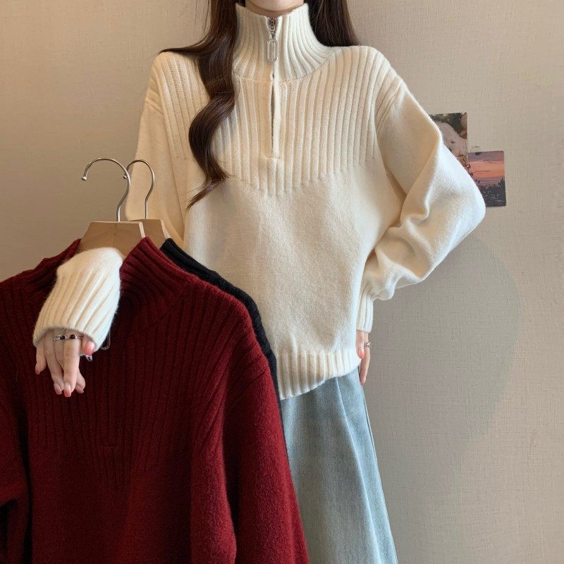 大码女装2025秋冬新款胖MM时尚长袖套头拉链翻领针织长袖上衣毛衣,淘宝优惠券,粉丝福利购,淘宝优惠卷